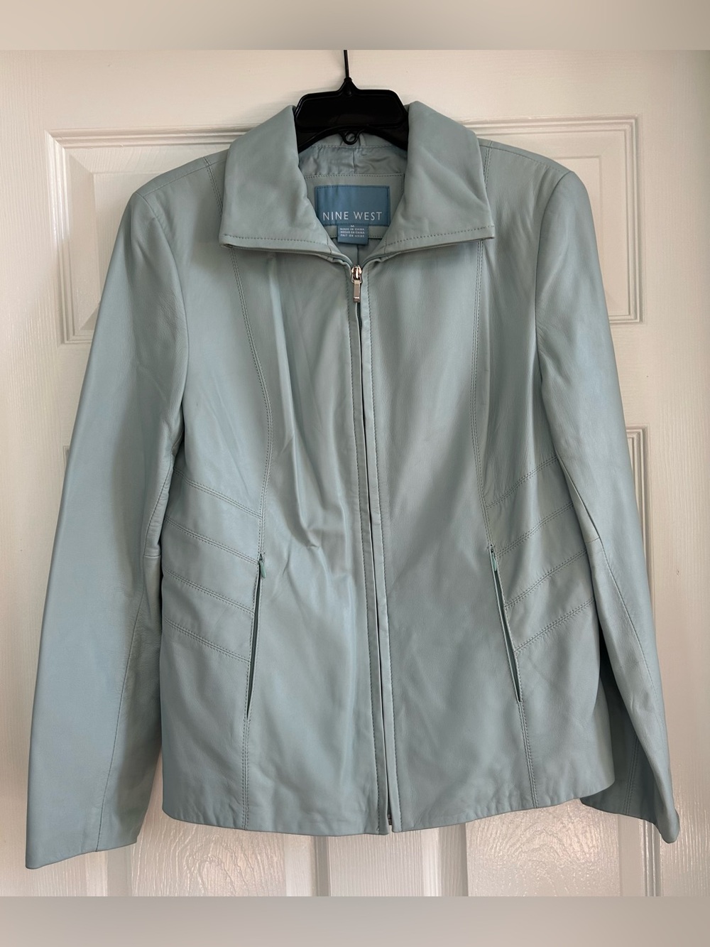 Nine West Pale Blue Leather Zip-Front Jacket